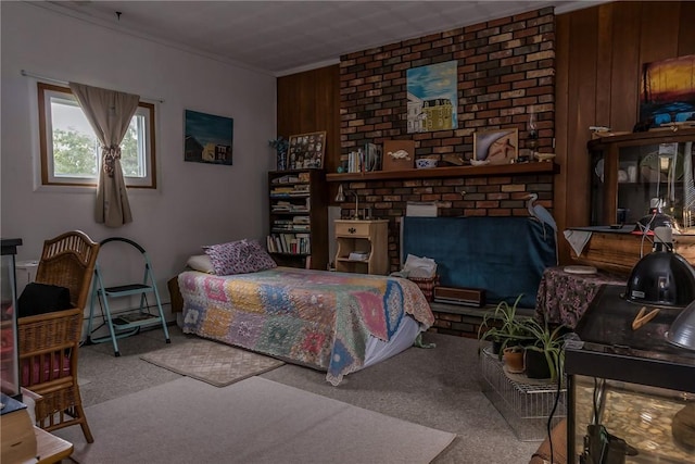 21 Washington St, Greene, NY 13778 - bedroom with carpet floors, crown molding, wooden walls, and a fireplace