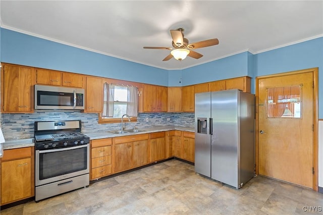 670 County Route 25th Rd Unit 25, Minetto, NY 13126 - kitchen with stainless steel appliances, brown cabinetry, ceiling fan, light countertops, and backsplash
