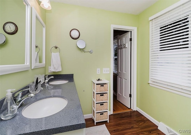 5458 Oxbow Rd, Cazenovia, NY 13035 - bathroom featuring wood finished floors, double vanity, and plenty of natural light