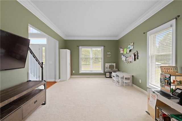 1335 Sagebrook Way, Webster, NY 14580 - recreation room featuring crown molding, light carpet, and healthy amount of natural light