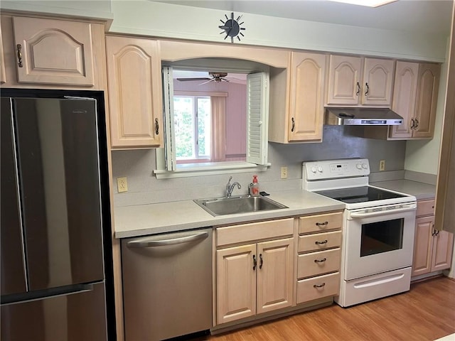 119 Platt St, Erwin, NY 14870 - kitchen with appliances with stainless steel finishes, extractor fan, light countertops, a ceiling fan, and light wood finished floors