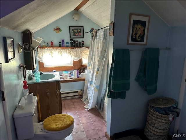 522 Craig St, Syracuse, NY 13208 - bathroom featuring a baseboard heating unit, vaulted ceiling, tile patterned flooring, vanity, and shower / bath combination with curtain