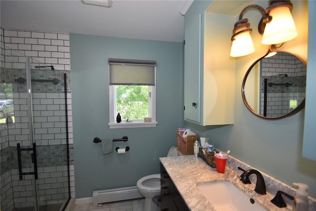 969 Erie Street Rd, Macedon, NY 14502 - bathroom with baseboard heating, a stall shower, vanity, and tile patterned floors