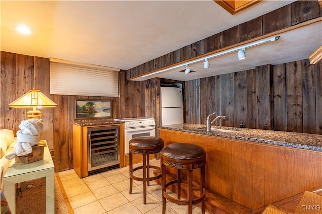 1664 S Ivy, Lysander, NY 13027 - indoor wet bar featuring wine cooler, wooden walls, white appliances, light tile patterned floors, and rail lighting