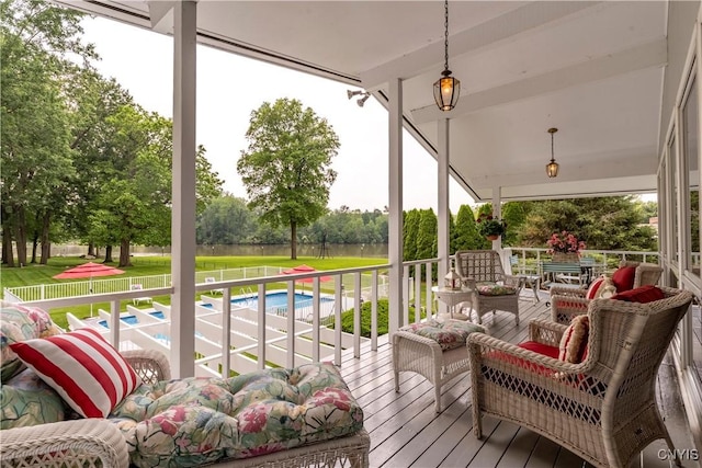 1664 S Ivy, Lysander, NY 13027 - wooden deck with a water view, a lawn, and view of wooded area