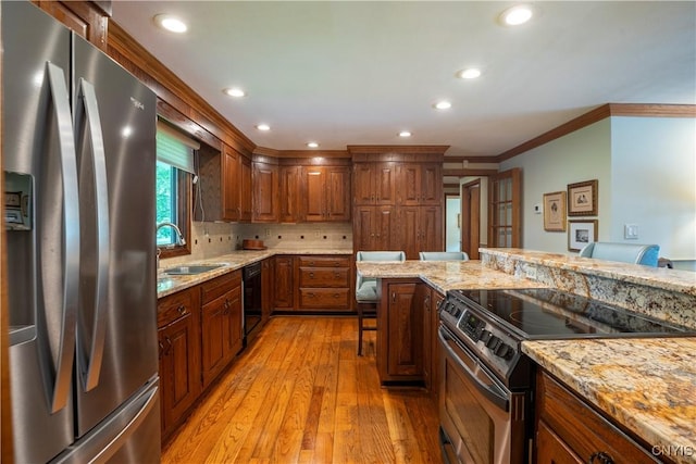 1664 S Ivy, Lysander, NY 13027 - kitchen featuring stainless steel fridge, electric range, dishwasher, light wood-style floors, and crown molding