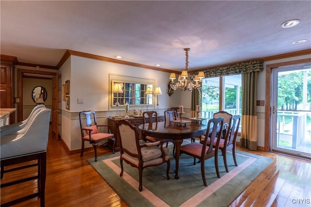1664 S Ivy, Lysander, NY 13027 - dining area featuring crown molding, a wainscoted wall, a chandelier, light wood-style floors, and recessed lighting
