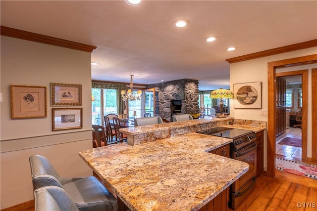 1664 S Ivy, Lysander, NY 13027 - kitchen with a peninsula, electric range oven, crown molding, light wood-style flooring, and recessed lighting