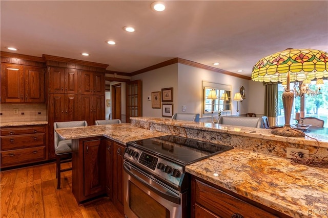 1664 S Ivy, Lysander, NY 13027 - kitchen with stainless steel range with electric stovetop, wood finished floors, recessed lighting, crown molding, and a kitchen bar