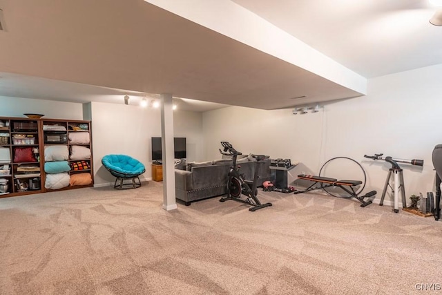 8228 Dampier Cir, Clay, NY 13090 - workout room featuring carpet flooring and baseboards