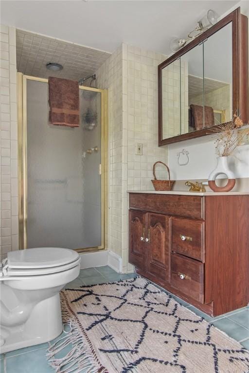 1870 Carey Rd, Franklin, NY 13775 - bathroom with tile patterned floors, tile walls, a stall shower, and vanity