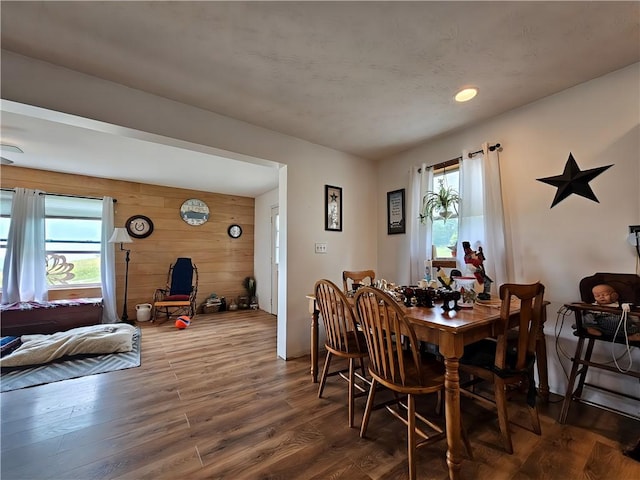2313 Stickle Rd, Addison, NY 14801 - dining room featuring healthy amount of natural light, dark wood finished floors, wood walls, and recessed lighting