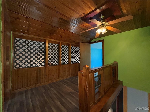 11052 S Lake Rd, Pavilion, NY 14525 - additional living space with wooden ceiling, wood finished floors, vaulted ceiling, a ceiling fan, and wood walls