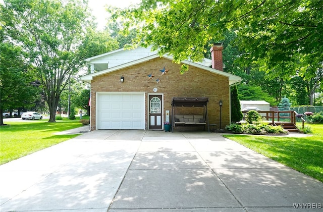 6193 New Taylor Rd, Orchard Park, NY 14127 - view of property exterior featuring a lawn, brick siding, a chimney, and driveway