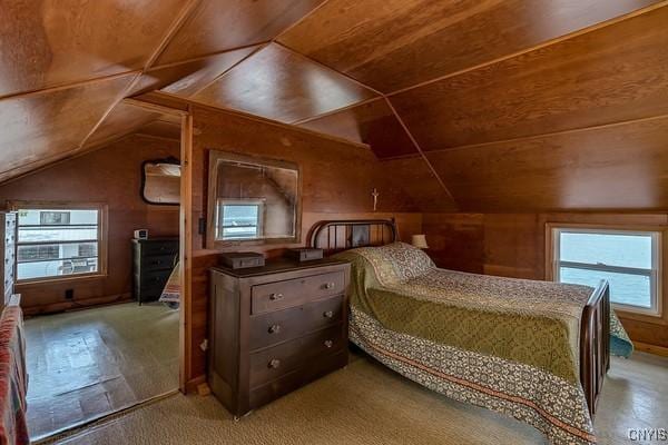 13 Mccabe Rd, Lisbon, NY 13669 - bedroom with wooden ceiling, wood walls, and vaulted ceiling