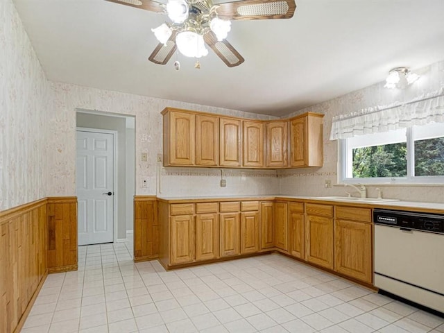 40 Colleen, Henrietta, NY 14534 - kitchen with dishwasher, a wainscoted wall, light countertops, ceiling fan, and light tile patterned flooring