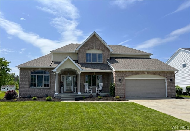 67 Nina Ter, West Seneca, NY 14224 - view of front of house with brick siding, driveway, a garage, a front yard, and a porch