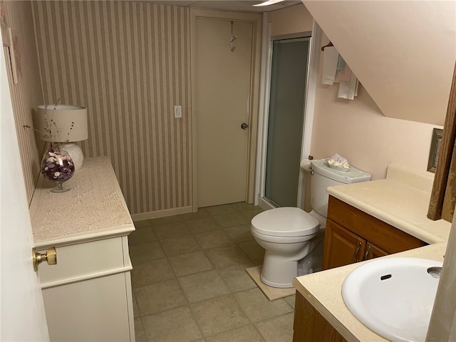 100 Huffer Rd, Parma, NY 14468 - bathroom featuring a stall shower, wallpapered walls, and vanity