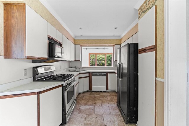 39 Scotch Ln, Irondequoit, NY 14617 - kitchen with black appliances, light stone finish floors, white cabinets, light countertops, and crown molding