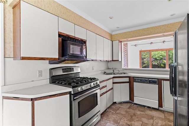 39 Scotch Ln, Irondequoit, NY 14617 - kitchen with gas range, dishwasher, fridge, black microwave, and white cabinets
