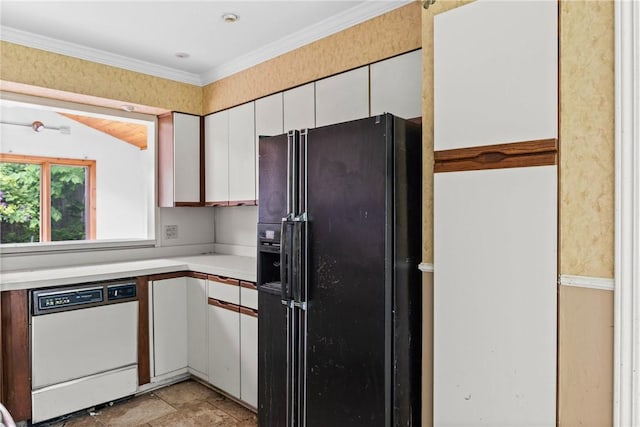 39 Scotch Ln, Irondequoit, NY 14617 - kitchen with black refrigerator with ice dispenser, dishwasher, light countertops, and white cabinetry