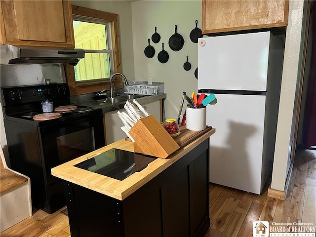 151 Chipmonk Rd, Allegany, NY 14753 - kitchen featuring black electric range, freestanding refrigerator, range hood, and light wood-style floors