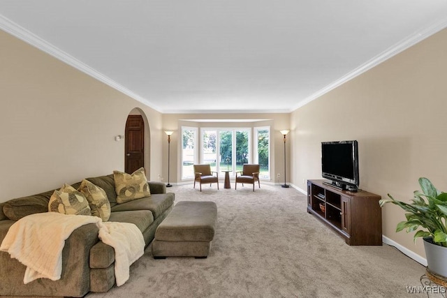212 Crestwood Ln, Amherst, NY 14221 - living area with crown molding, carpet floors, and arched walkways