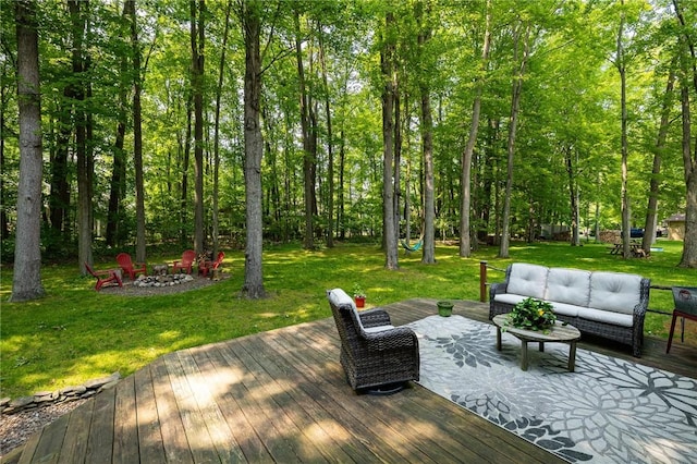679 Galleon Dr, Webster, NY 14580 - wooden terrace with an outdoor living space with a fire pit and a yard