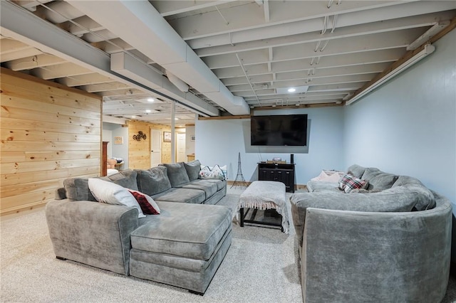 679 Galleon Dr, Webster, NY 14580 - carpeted living room featuring wood walls