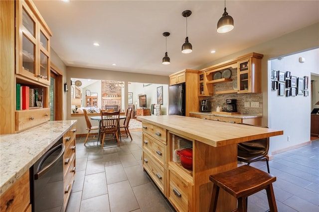 679 Galleon Dr, Webster, NY 14580 - kitchen with wooden counters, freestanding refrigerator, stainless steel dishwasher, open shelves, and decorative backsplash
