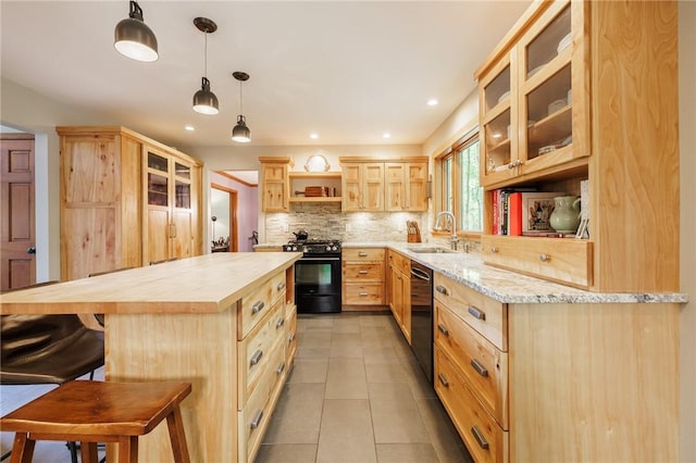 679 Galleon Dr, Webster, NY 14580 - kitchen featuring stainless steel gas range, light brown cabinets, wooden counters, open shelves, and light tile patterned flooring