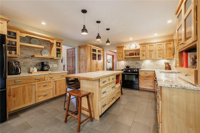 679 Galleon Dr, Webster, NY 14580 - kitchen featuring black appliances, open shelves, light brown cabinets, tasteful backsplash, and recessed lighting