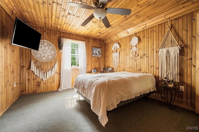10066 Point Rock Rd, Lee, NY 13440 - bedroom with wooden ceiling, carpet floors, wood walls, and ceiling fan