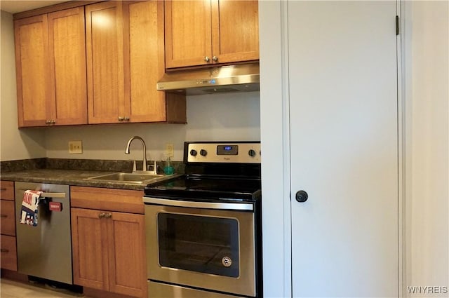 125 Edward St Unit 3I, Buffalo, NY 14201 - kitchen featuring appliances with stainless steel finishes, under cabinet range hood, dark countertops, and brown cabinets