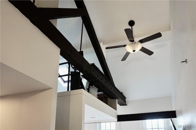 125 Edward St Unit 3I, Buffalo, NY 14201 - stairway featuring beamed ceiling, ceiling fan, and high vaulted ceiling