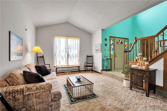 3851 Upper Mountain Rd, Cambria, NY 14132 - carpeted living area with stairway, vaulted ceiling, and a textured ceiling