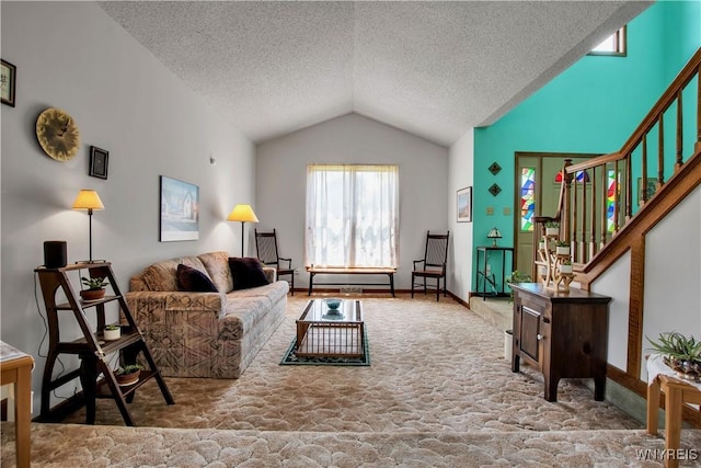 3851 Upper Mountain Rd, Cambria, NY 14132 - living room featuring lofted ceiling, stairway, a textured ceiling, and carpet floors