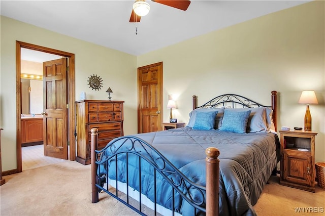 3851 Upper Mountain Rd, Cambria, NY 14132 - bedroom with light carpet, a ceiling fan, and ensuite bath