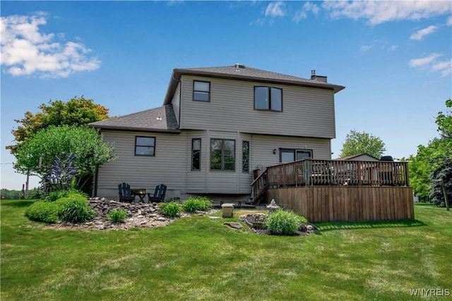 3851 Upper Mountain Rd, Cambria, NY 14132 - rear view of house featuring a wooden deck, a lawn, and a chimney