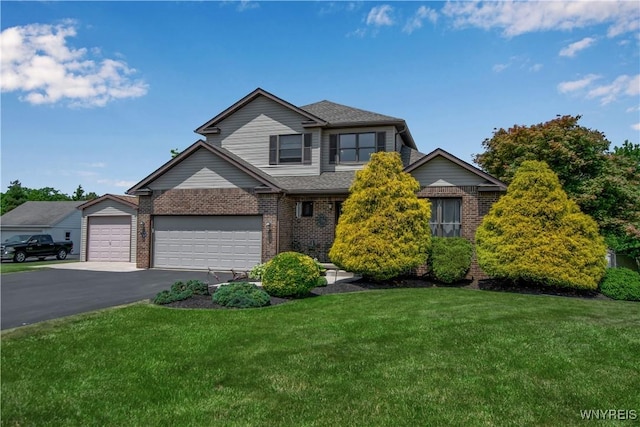 3851 Upper Mountain Rd, Cambria, NY 14132 - view of front facade with driveway, brick siding, a front lawn, and a garage