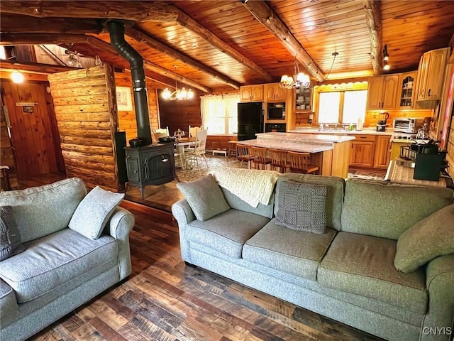 13 Popple Hill Rd, Fowler, NY 13642 - living room with dark wood-style floors, a wood stove, a chandelier, and wood ceiling