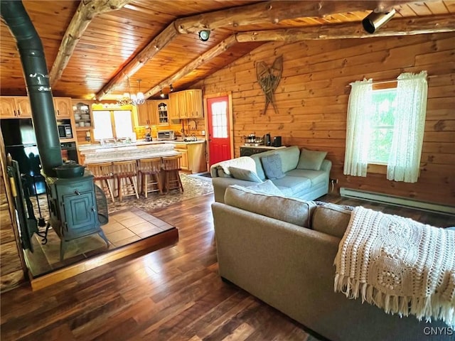 13 Popple Hill Rd, Fowler, NY 13642 - living room with a wood stove, baseboard heating, dark wood finished floors, wooden walls, and wooden ceiling