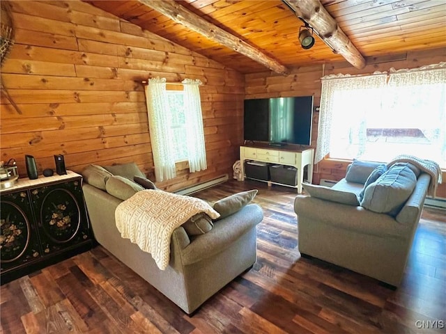 13 Popple Hill Rd, Fowler, NY 13642 - living area featuring wooden ceiling, wood finished floors, a baseboard heating unit, and wood walls