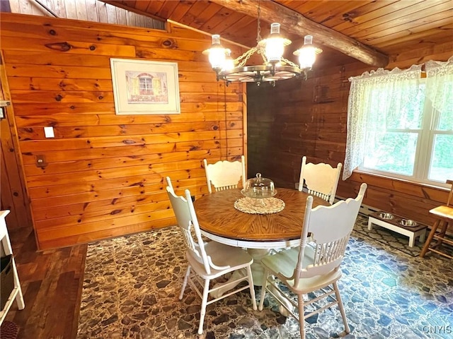 13 Popple Hill Rd, Fowler, NY 13642 - dining space featuring wood ceiling, wood walls, a chandelier, and wood finished floors