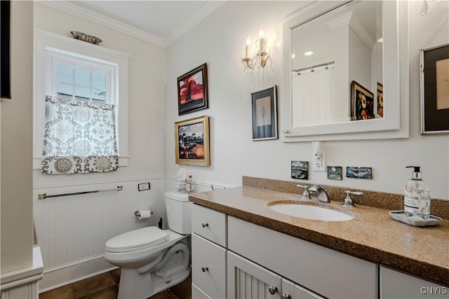 2761 State Route 12b, Marshall, NY 13328 - bathroom with vanity, crown molding, a wainscoted wall, tile patterned flooring, and curtained shower