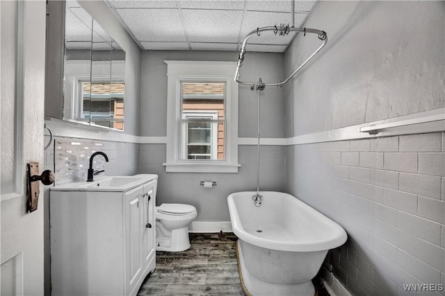 110 Weyand Ave, Buffalo, NY 14210 - bathroom with a soaking tub, wood finished floors, vanity, a paneled ceiling, and tile walls