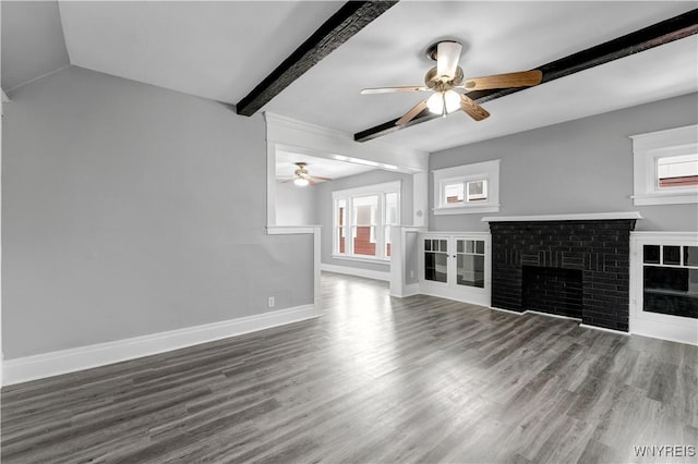 110 Weyand Ave, Buffalo, NY 14210 - unfurnished living room featuring a ceiling fan, beamed ceiling, wood finished floors, and a brick fireplace
