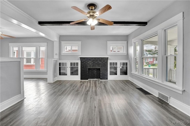 110 Weyand Ave, Buffalo, NY 14210 - unfurnished living room with a ceiling fan, wood finished floors, beamed ceiling, and a brick fireplace
