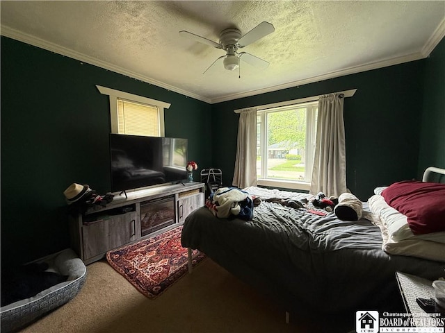 67 Harriet St, Allegany, NY 14706 - carpeted bedroom featuring ornamental molding, a textured ceiling, and ceiling fan