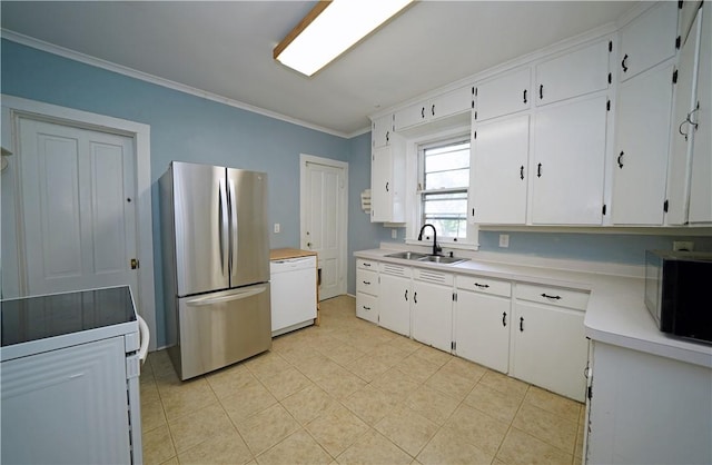 362 Euclid Ave, Elmira-City, NY 14905 - kitchen featuring white appliances, ornamental molding, white cabinets, and light countertops